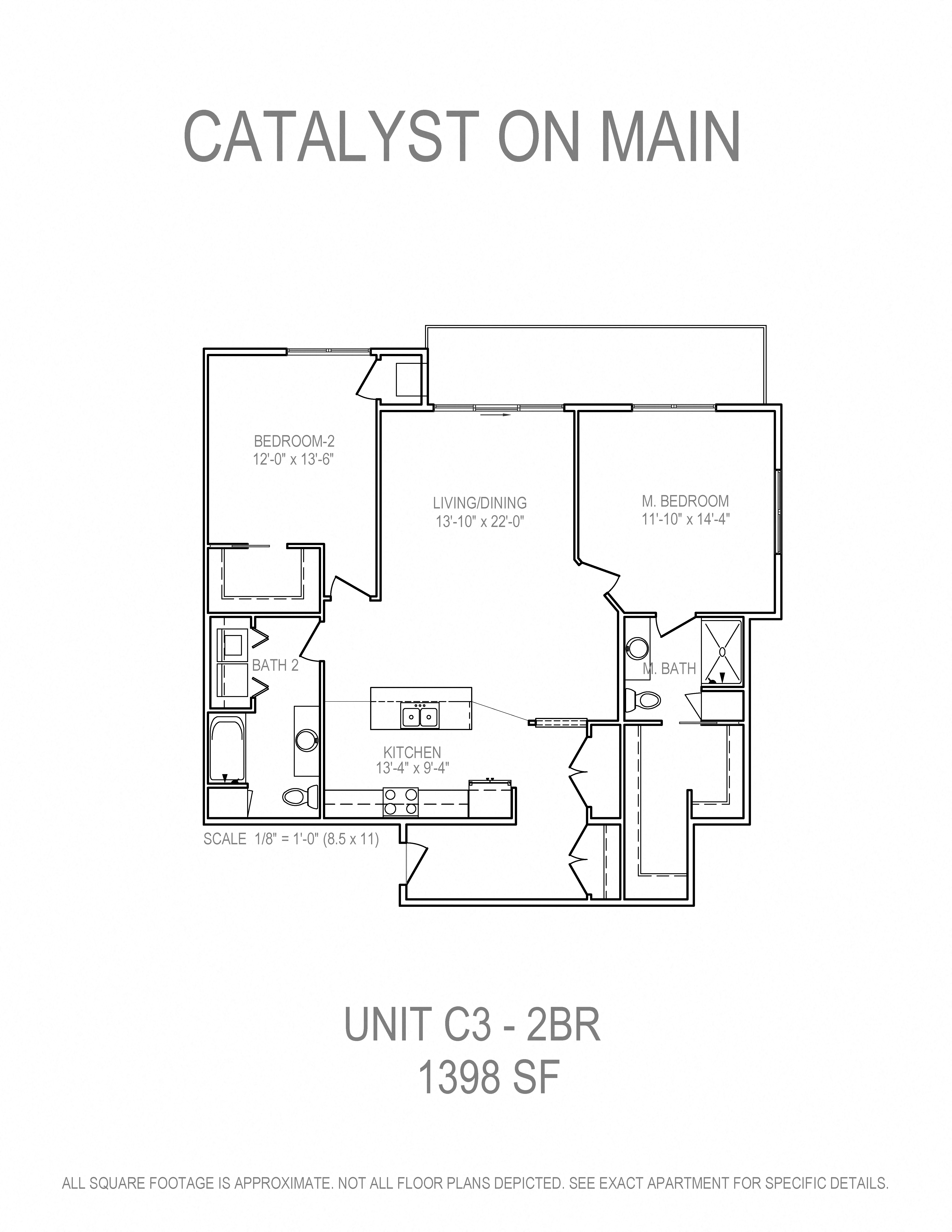 Floor plan for 2 beds, 2 baths, 1398 sqft